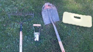 For this garden session, I will be using a bow rake, bulb planter, shovel and knee pad.